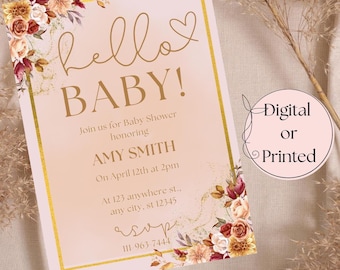 Boho Baby Shower Invitation Template Canva | Neutral Floral Baby Shower Invite Editable | Fall Baby Shower Invitation Instant Download
