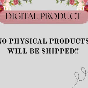 May include: A digital product announcement with floral accents. The text "DIGITAL PRODUCT" is displayed on a pink banner. The message "NO PHYSICAL PRODUCTS WILL BE SHIPPED!!" is also included. A ladybug graphic is in the lower right corner.