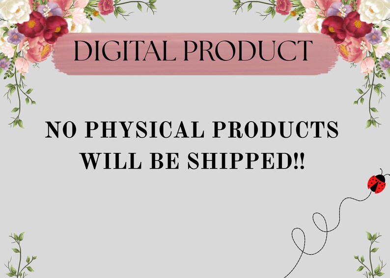 May include: A digital product announcement with floral accents. The text "DIGITAL PRODUCT" is displayed on a pink banner. The message "NO PHYSICAL PRODUCTS WILL BE SHIPPED!!" is also included. A ladybug graphic is in the lower right corner.