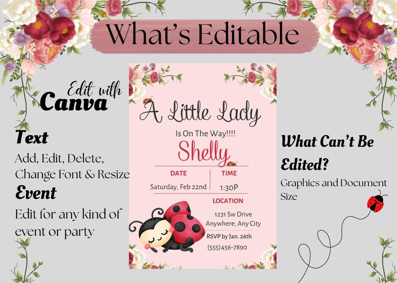 May include: A pink invitation with the text "A Little Lady Is On The Way!!!! Shelly". The invitation includes the date, time, location, and RSVP information. The design features ladybugs and floral accents. The text "Edit with Canva" is also visible.