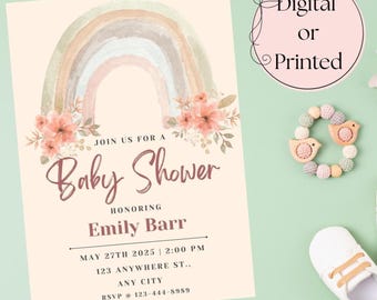 Boho Rainbow Baby Shower Invitation Template Editable in Canva | Neutral Baby Shower Invite Girl | Pastel Rainbow Modern Mom Shower