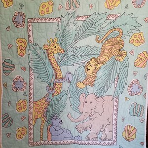 Vintage 90s Jungle Animal Print Finished Baby Crib Blanket Pastel