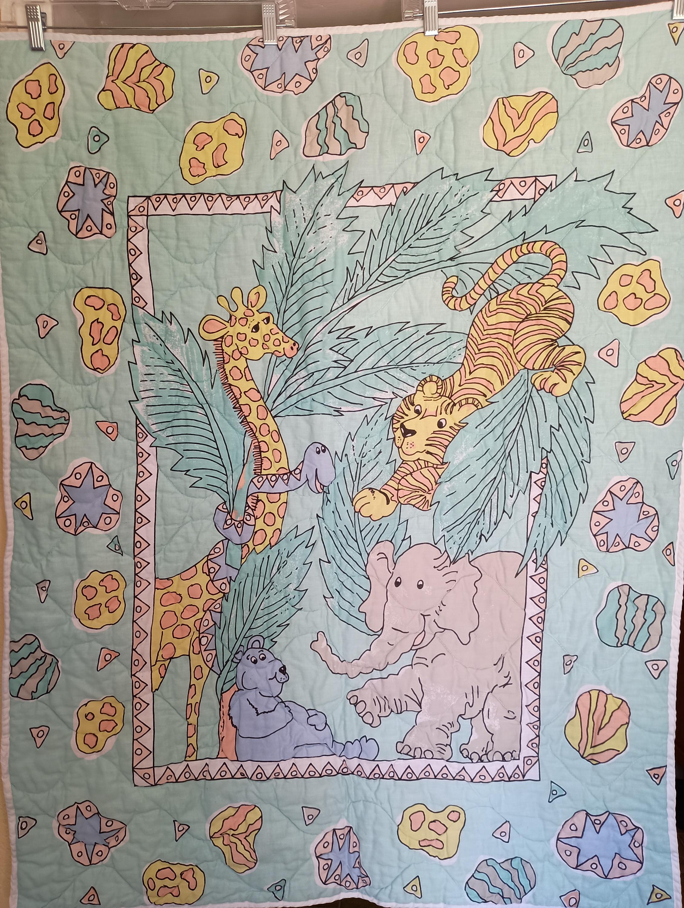 ヴィンテージ　babyスケール　アニマル柄 Vintage 90s Jungle Animal Print Finished Baby Crib Blanket Pastel