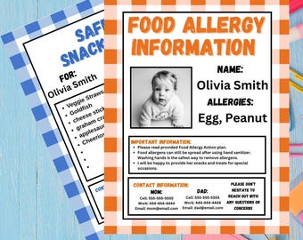 Peut inclure: Deux feuilles d'informations imprimables sur les allergies alimentaires. L'une est à carreaux orange et blanc, l'autre à carreaux bleu et blanc. La feuille orange comprend une photo d'un bébé et répertorie les allergies aux œufs et aux cacahuètes.