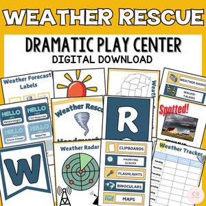 Puede incluir: Un conjunto de recursos imprimibles de descarga digital para un centro de juego dramático de rescate meteorológico. El conjunto incluye etiquetas, carteles y una tabla de seguimiento del tiempo. Los carteles presentan un tornado, un radar meteorológico, un mapa y un portapapeles con una lista de suministros de rescate meteorológico. Las etiquetas incluyen "Etiquetas de pronóstico del tiempo", "Radio meteorológica", "Walkie-talkies", "¡Manchado!" y "Seguimiento del tiempo".