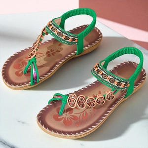 Vibrant Embellished Sandals for Women -  Boho Summer Flats with Floral Design - Holiday Style - Multiple colored Sandals | Trending Footwear