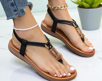 Bohemian Beaded Sandals for Women - Handmade Summer Flat Sandals with Ankle Strap - Trendy Beach Footwear | Trending Holiday Essential shoes