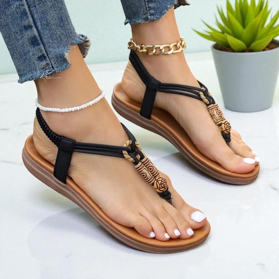 Bohemian Beaded Sandals for Women - Handmade Summer Flat Sandals with Ankle Strap - Trendy Beach Footwear | Trending Holiday Essential shoes