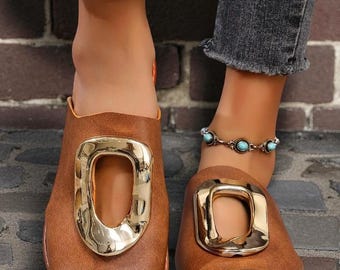 Brown Leather Look Slide Sandals for Women –  Trending Chic Gold Accent Slip-On Flats, Open Toe Summer Shoes, Comfortable Casual Footwear