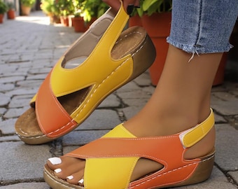Women&#39;s Contrast Color Wedge Sandals | Summer Peep Toe Platform Shoes | Non-Slip Beach Roman Sandal |Trendy Women&#39;s Colorblock Wedge Sandals