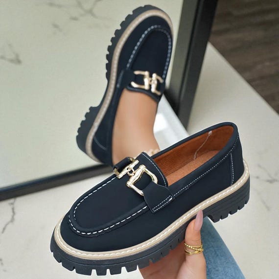 Women’s Chunky Loafers – New look Platform Slip-On Shoes with Gold Detail | Casual, Office & Streetwear Style| Available in Multiple Colors