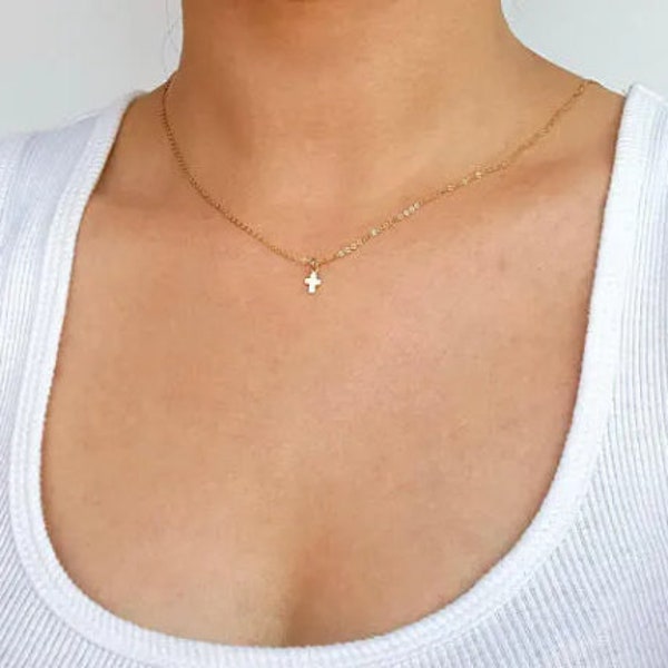 14K Gold Small cross necklace, simple everyday wear, delicate tiny cross charm, faith necklace, Baptism gift, birthday gift for girls NA06