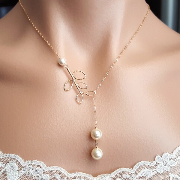 Wedding Bridal jewelry set, Elegant leaf branch layered pearl, lariat Y necklace, Bride jewelry shower, party jewelry wear, prom jewelry set