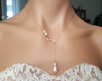 Elegant Wedding jewelry set, Bridal jewelry set, Lovely Pearl with Infinity lariat Y Necklace, Earrings and necklace, All gold filled