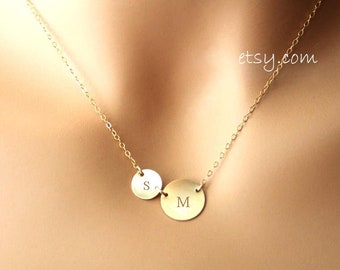 Personal Gift, Customized initial, Mother and Daughter, Mom and Son necklace, 14 K gold filled Sideways Disc necklace , Dainty Everyday wear