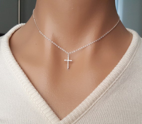 Small Cross Short Necklace Cute Everyday Wear Sterling Silver