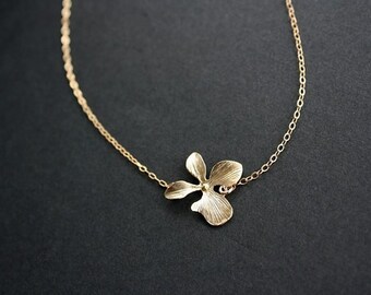 Single Orchid Necklace - Gold Filled/ Sterling Silver simple flower necklace, wedding bridal jewelry, bridesmaid gifts, Mothers day gifts