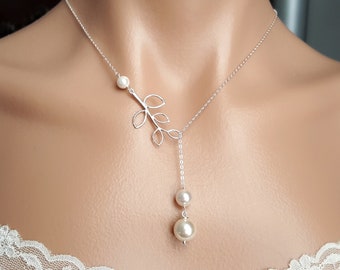 Elegant Pearl jewelry gift set, leaf branch layered pearl lariat Y necklace + earrings. Bride jewelry shower, party wear, prom jewelry set