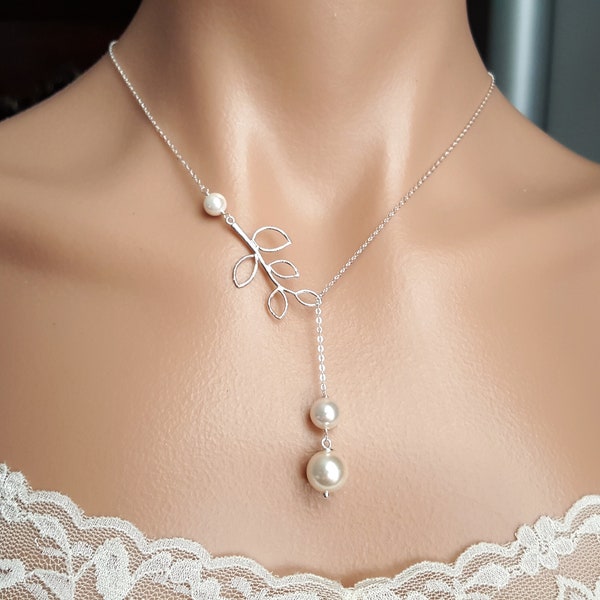 Wedding Bride Elegant Pearl jewelry set, leaf branch layered pearl lariat Y necklace + earrings. Bride jewelry shower, mother of the Bridal