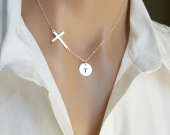 Christmas gift - Faith necklace, Sterling Silver Cross personal initial Disc necklace, Dainty cross necklace, perfect gift for Christmas