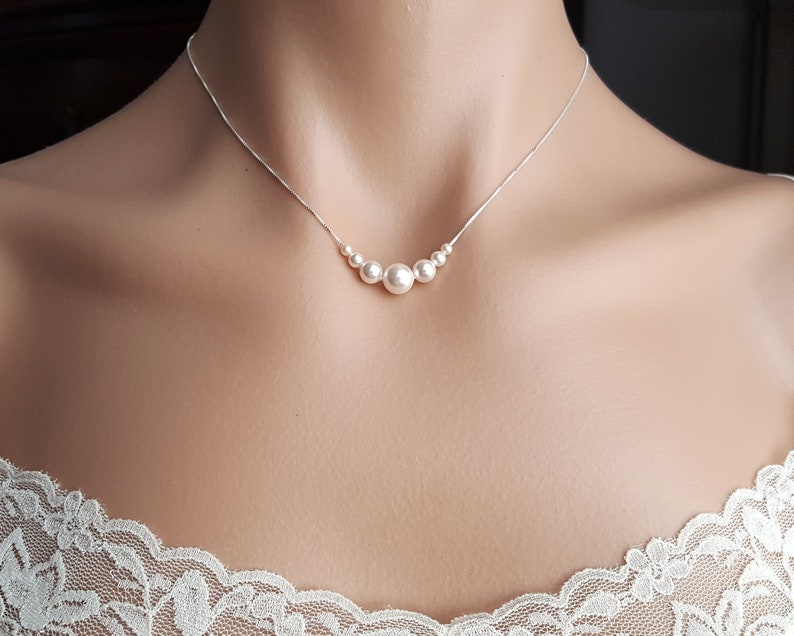 Wedding bridal Jewelry Set Elegant Pearl Earrings & Necklace in Sterling Silver. Cute pearl with different sizes. Bridesmaid gifts image 1