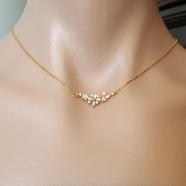 Elegant gold diamond cz floral cluster Necklace, Adjustable length. Bridal Necklace, Wedding gifts, Bridesmaid gift, Flower girl gifts