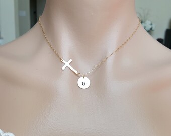 Personal Cross necklace with Customized initial Disk 11mm. Gold Filled or Sterling Silver, Engraved monogram disk, perfect gift for her