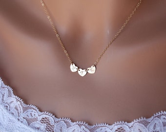 THREE Initial  Hearts necklace, 14K Gold, Family initials , Personalized necklace, engraved monograms heart, simple everyday wear