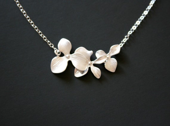 Wedding Necklace Triple Orchid flower Necklace Silver