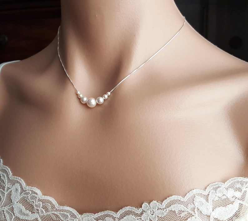 Wedding bridal Jewelry Set Elegant Pearl Earrings & Necklace in Sterling Silver. Cute pearl with different sizes. Bridesmaid gifts image 2