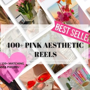 Puede incluir: Un collage de imágenes con carretes y fotos estéticas rosas. El texto "400+ PINK AESTHETIC REELS" y "PLUS 150+ MATCHING INSTA PHOTOS!" se muestra en la imagen.