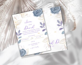 Blue  floral wildflower wedding invitation template, winter light blue wedding invitation, floral pretty blue wedding invitation, editable .