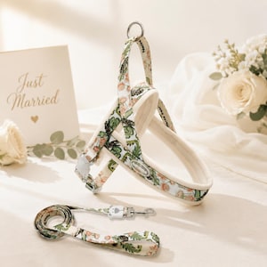 May include: A pet harness and matching lead set featuring a white base with a botanical print of green leaves and soft pink flowers. The harness includes a metal D-ring, adjustable straps, and a white plastic buckle with a small bear-shaped detail.