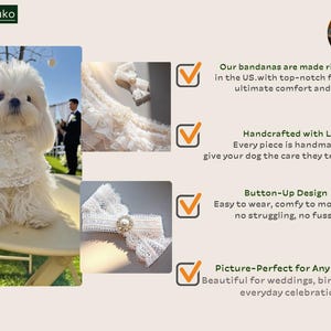 May include: A white lace dog bandana featuring a button-up design and a central pearl-like embellishment. The accessory is shown worn by a small white dog and as a standalone piece, highlighting the intricate lace fabric and decorative button.
