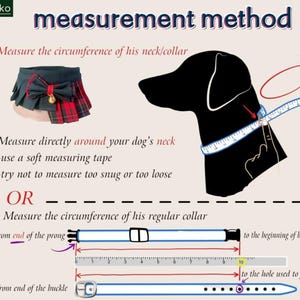 May include: An instructional graphic titled measurement method showing how to measure a dog's neck circumference using a soft tape and how to measure a regular collar using a ruler. Includes a dark green and red plaid pet collar with a bow.