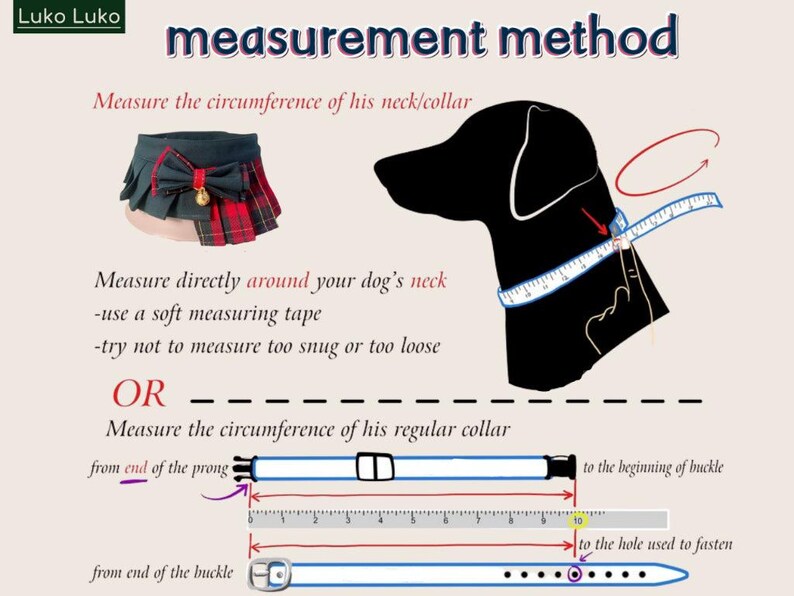 May include: An instructional graphic titled measurement method showing how to measure a dog's neck circumference using a soft tape and how to measure a regular collar using a ruler. Includes a dark green and red plaid pet collar with a bow.