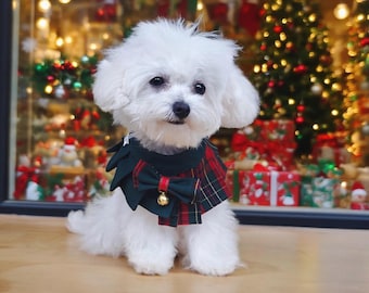May include: A small, fluffy white dog wearing a green and red plaid scarf with a bow and a small gold bell. The dog is sitting on a wooden surface, with a Christmas tree and festive decorations in the background.