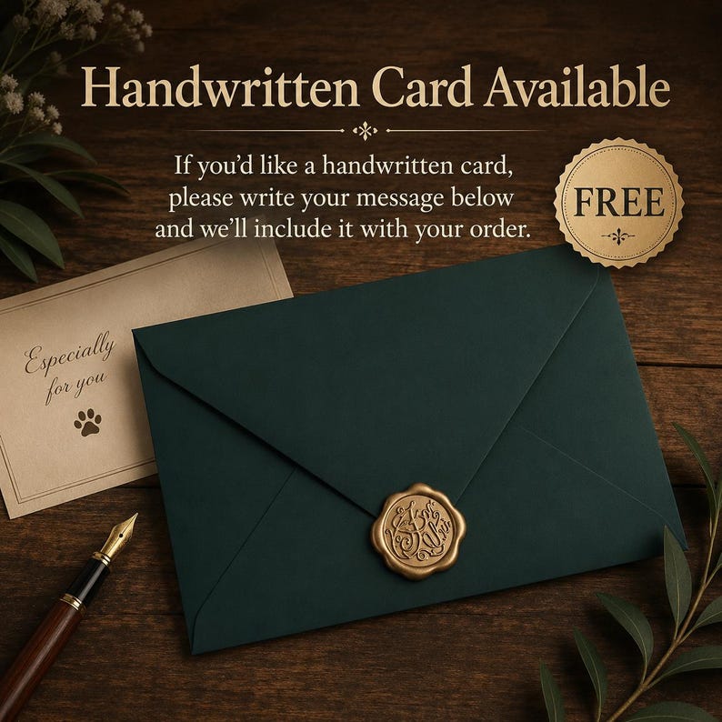 May include: A dark green envelope sealed with a gold wax stamp, accompanied by a tan card with the text "Especially for you" and a paw print icon, a fountain pen, and text stating "Handwritten Card Available" and "FREE".