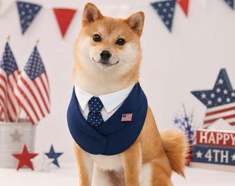 Presidential Dog Costume, Patriotic Pet Outfit, Blue Polka Dot Tie, July 4th Pet Apparel