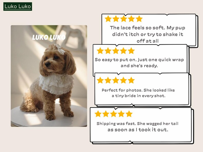 May include: A light brown dog wearing a white ruffled lace collar and a matching lace hair bow. The image includes the text LUKO LUKO and four five-star customer reviews with text about the lace softness, ease of use, and photo suitability.