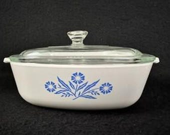 Corning Ware Cornflower Blue 1 qt Casserole Dish P-1-B Clear Glass Lid vintage 1957-1994