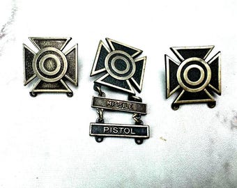 Lotto di 3 distintivi in metallo dell'esercito americano, pistola, missile, argento riempito, Krew