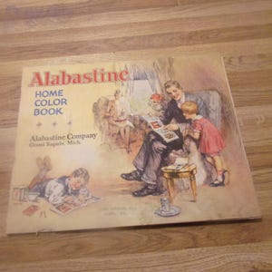 May include: A vintage book cover featuring a family looking at a color chart. The book is titled "Alabastine Home Color Book" and is published by the Alabastine Company in Grand Rapids, Michigan.