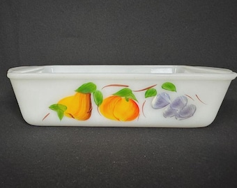 Fire King Loaf Pan 1 qt Baking Dish Gay Fad Fruit hand Painted Pattern 1945