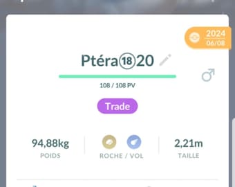 Aerodactyl Shiny |  1276CP - 20K or 80K Ready - Pokemon Trade Go