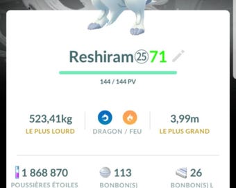 Reshiram | Black Background |  2784 CP - 20K or 80K Ready- Pokemon Trade Go