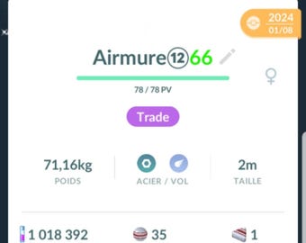 Skarmory Shiny |  687 CP - 20K or 80K Ready - Pokemon Trade Go