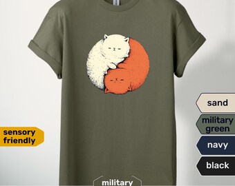 Chonky Anime Cat Yin Yang Shirt, Ginger and White feline affection t-shirt, comic art gift for cat person shirt, sensory-friendly tee