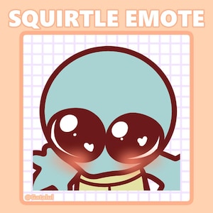 Może przedstawiać: Cyfrowa ilustracja postaci z kreskówki Squirtle z jasnoniebieską głową i dużymi, wyrazistymi oczami. Obraz zawiera tekst "SQUIRTLE EMOTE" na górze i nazwę artysty, "@Gatalui", na dole.