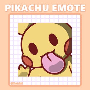 Puede incluir: Una ilustración digital de un personaje amarillo con ojos marrón oscuro, mejillas rojas y una lengua rosa afuera. La imagen presenta el texto PIKACHU EMOTE en la parte superior y @Gatalul en la inferior, sobre una cuadrícula blanca y fondo melocotón.
